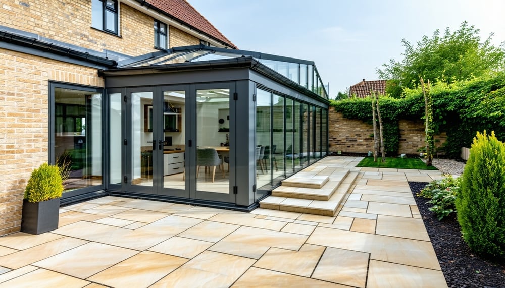 Modern conservatory and landscaped garden by Essex Living Spaces Modern conservatory and landscaped garden by Essex Living Spaces