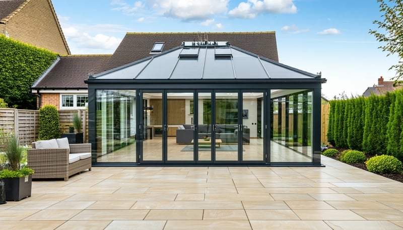 A modern conservatory and landscaped garden by Essex Living Spaces A modern conservatory and landscaped garden by Essex Living Spaces